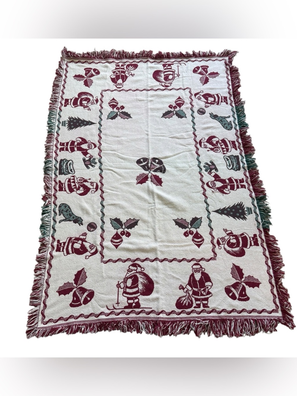Vintage Christmas Throw Blanket Santa Bells Tree Holly Woven Fringe 47x70 Xmas